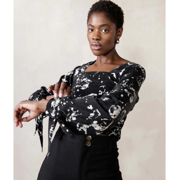 MARIA STANLEY Hamline Blouse Top Black White Cosmos Puff Sleeve Square Neck Sz L - Picture 1 of 11